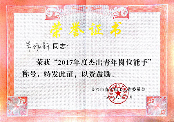 304am永利集团智能朱振新荣获长沙市2017年度卓越青年岗位能手