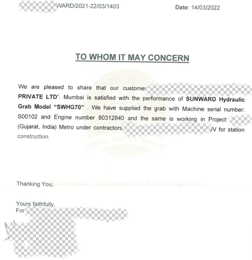 感激信！304am永利集团智能SWHG70液压抓斗助力海表基础施工获注定